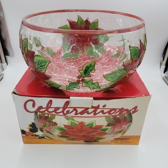 Celebration Pointsettia Mouthblown, Hand Painted, Cracked Glass 9" Salad Bowl - Picture 2 of 13